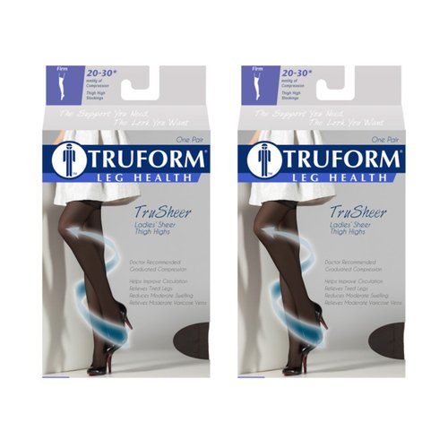 Truform Compression 20-30 Mmhg Sheer Thigh High Stockings Black, Medium, 2 Count