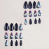 MISUD Press on Nails Medium Almond Fake Nails Glossy Glue on Nails Dark Blue Ombre Acrylic Nails Stiletto Marble Artificial Nails Bling Glitter Stick on False Nails with Design 24 pcs