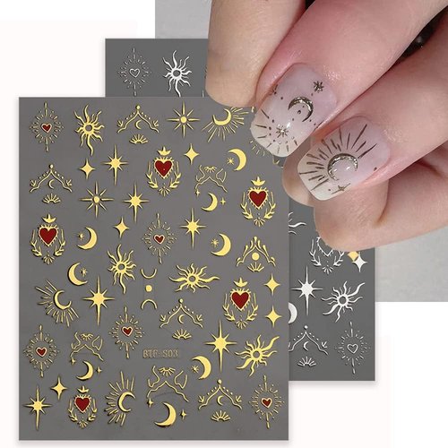 Maigitur Valentine's Day Star Moon Nail Stickers, Self-Adhesive Golden Heart Nail Art Decals for DIY Nail Decorations (6Sheets)