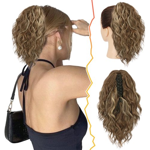 BARSDAR Short Highlight Ponytail Extension - 12 In Claw Clip Short Wavy Ponytail Hair Extensions for Women, Multi Layered Synthetic Clip in Pony Tail Hairpieces Girls Daily Party- Brown & Blonde