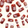 Red Christmas Press on Nails Short Square Fake Nails White Snowflake Glue on Nails Cute Christmas Elk False Nail Tips Short Stick on Nails Christmas Artificial Acrylic Nails for Women and Girls 24Pcs