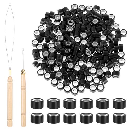 200Pcs Hair Extentions Beads 4mm Silicone Lined Micro Beads with Pulling Hook Needle, Bead Device Tool Kits for Hair Extensions(Black)