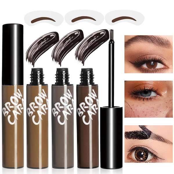 3Pcs Tattoo Peel Off Eyebrow Gel Tint, Brow Tattoo Peel Off Tint Brow Gel with Eyebrow Stencils, Eyebrow Tattoos Long-Lasting Makeup, Waterproof Eye Brow Pencils For Fuller & Defined Looking Brows