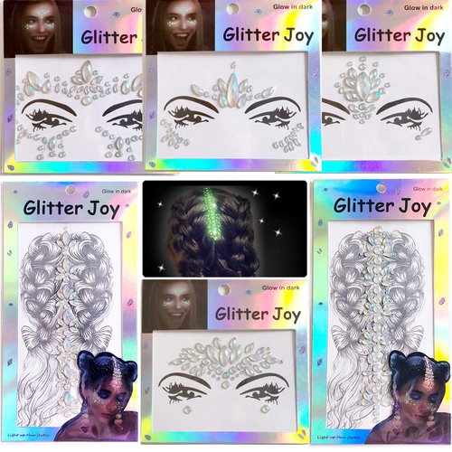 Grow in Dark Face Jewels Tattoo, Hair Body Gems Sticker,Face Gems Stick on, Hair Body Gem Glittler Festival Rave Party Makeup Set for Women, 6-Pack