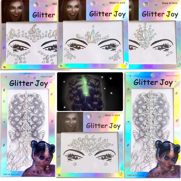 Grow in Dark Face Jewels Tattoo, Hair Body Gems Sticker,Face Gems Stick on, Hair Body Gem Glittler Festival Rave Party Makeup Set for Women, 6-Pack