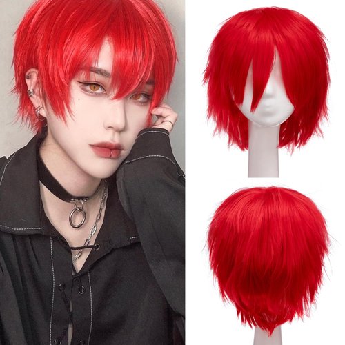 S-noilite Women Mens Short Cosplay Wig Fluffy Straight Synthetic Hair Wigs Man Male Short Red Wig Anime Cosplay Party Costume Wig