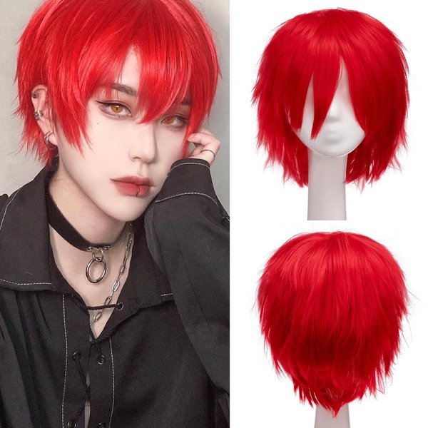 S-noilite Women Mens Short Cosplay Wig Fluffy Straight Synthetic Hair Wigs Man Male Short Red Wig Anime Cosplay Party Costume Wig