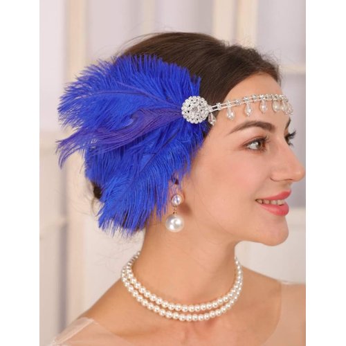 Teyglen Flapper Headband 1920s Headpiece Vintage Blue Feather Headband Rhinestone Hair Band Roaring 20s Headpiece Hair Accessories for Women Girl