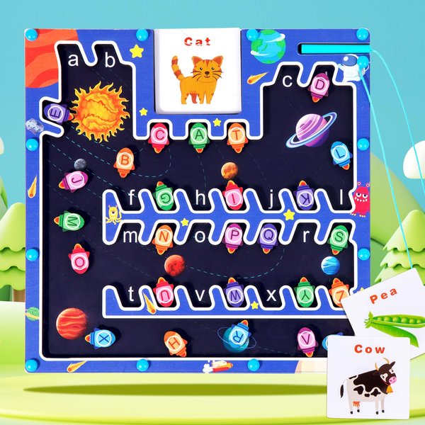 EINEUWU 2 in 1 Magnetic Alphabet Letter Maze & Spelling Toy, Toddler Learning Activities, Montessori Wooden Puzzle Board, Educational Toys for Boys Girls 3 4 5 Years Old