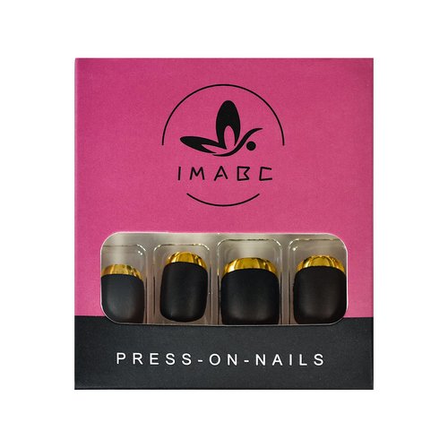 iMABC Matte Black Full Cover Short Round Press On Nails Gold Metallic Line Designed Plastic Frosted Cute Fake False Nails Set 24pcs Stick on Tips Manicure