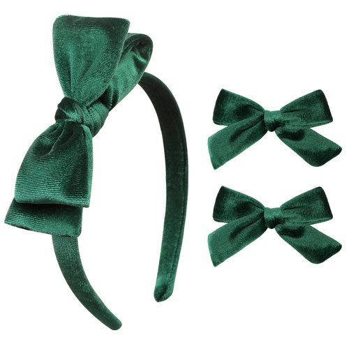 DEEKA Dark Green Velvet Bow Headband & 2 Pcs Velvet Hair Bows Set Velvet Uniform Hair Accessories Hair Band for Little Toddler School Girls -Dark Green