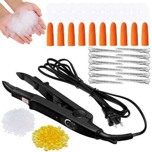 Fusion Keratin Hair Extension Kit: Heat Iron, Keratin Glue Granules, Protector Templates, Hair Clips, and Finger Protector