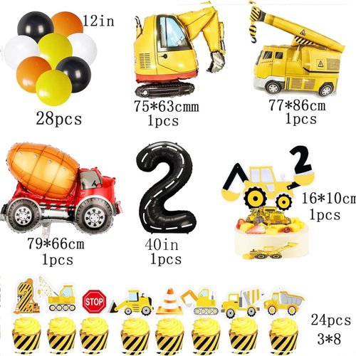 Construction Birthday Party Supplies for 2 Year Old Boy, 2nd Birthday Decorations For Boys, include- Backdrop, Cake, and Cupcake Toppers, Balloons, Cupcakes Wrappers, Banner