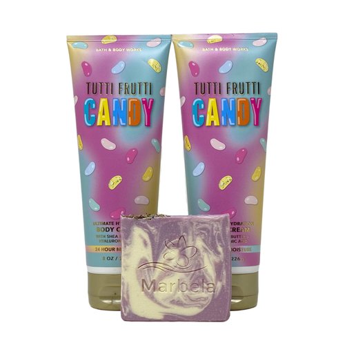 Bath & Body Works Tutti Frutti Candy 2 Pack Body Cream Gift Set with a Lavender Dream Bar Soap -