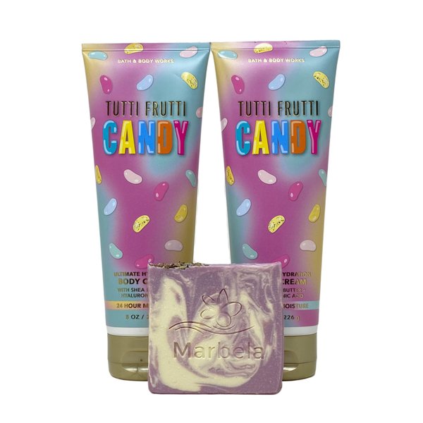 Bath & Body Works Tutti Frutti Candy 2 Pack Body Cream Gift Set with a Lavender Dream Bar Soap -
