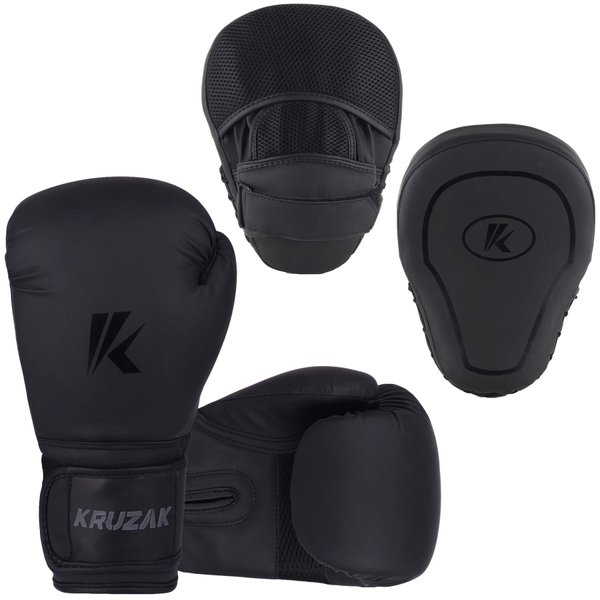 Kruzak Matte Black Boxing Gloves and Focus Mitts Set for Kickboxing and Muay Thai MMA Training - Fitness Kit with Punching Pads for Martial Arts and Karate (Matte Black, 16 oz)