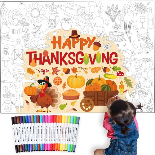 Qeeenar Thanksgiving Coloring Poster with 24 Markers 43.3 x 31.5 Inch Giant Coloring Poster Jumbo Thanksgiving Pumpkin Coloring Table Cover for Kids Fall Autumn Thanksgiving Craft Party Supplies