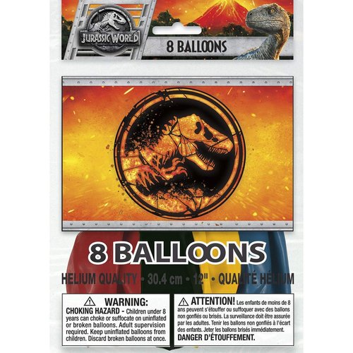 Jurassic World 2 Vibrant Latex Balloons - 12" (Pack of 8) - Assorted Colors - Perfect for Dinosaur-Themed Parties & Events