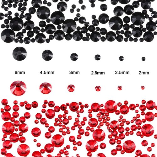 3000 PCS Rhinestones for Craft, PHOGARY Red & Black Flat Back Rhinestones 6 Sizes (2-5 mm) with Pick Up Tweezer for Crafts Nail Face Art Clothes Shoes Bags Phone Case DIY