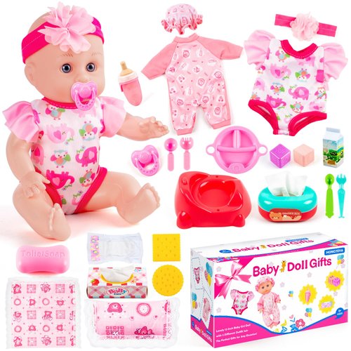 HONGTEYA 12" Baby Doll in Gift Box, Baby Doll with Accessories Realistic Baby Doll Feeding and Caring Set with Clothes, Feeding Bottle and Diaper First Baby Doll Toys for Toddler Girls Ages 3+