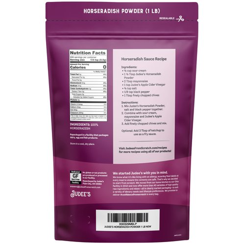 Judee’s Horseradish Powder 1 lb - Just One Ingredient - Powdered Horseradish Root - Great for Dips, Sauces, Appetizers and More - Non-GMO, Gluten-Free, and Nut-Free