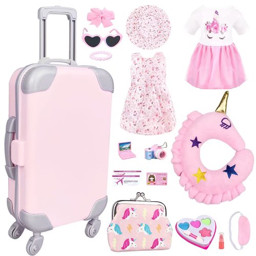 BNUZEIYI 17Pcs 18 Inch Girl Doll Clothes and Accessories Doll Accessories Travel Play Set with Travel Pillow Camera for 18 Inch Dolls Gift for Girls