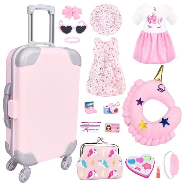 BNUZEIYI 17Pcs 18 Inch Girl Doll Clothes and Accessories Doll Accessories Travel Play Set with Travel Pillow Camera for 18 Inch Dolls Gift for Girls