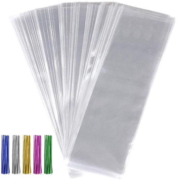 600pcs Cellophane Bags Set-300pcs 3x11 Cellophane Bags Long Clear Treat Bags Cello Cookie Bags, 300pcs Colors Twist Ties for Gifts Party Favors