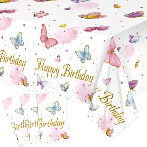Tiamon 3 Pack Butterfly Tablecloth Birthday Party Decorations Plastic Waterproof Table Covers Rectangular Disposable Decor 108 x 54 Inch for Spring Summer Baby Shower Floral Supplies Favors