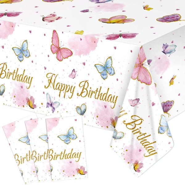 Tiamon 3 Pack Butterfly Tablecloth Birthday Party Decorations Plastic Waterproof Table Covers Rectangular Disposable Decor 108 x 54 Inch for Spring Summer Baby Shower Floral Supplies Favors
