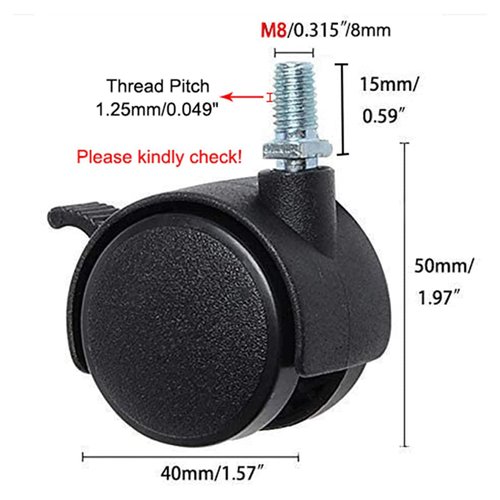 HOWDIA 4 Pack 1.5 Inch Nylon Plastic Replacement Caster Wheels for Cart, Swivel Furniture Wheels Floor Protecting Office Chair Casters Threaded Stem with Brake Black