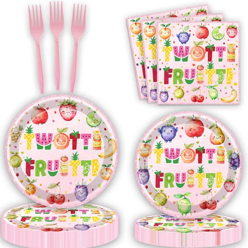 80 Pcs Twotti Frutti Birthday Decorations Summer Fruit Two Years Old Disposable Paper Dinner Plates Napkins Forks Dinnerware for Luau Fruit Theme 2nd Birthday Party Decorations Supplies