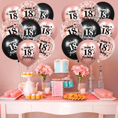 18th Birthday Balloons 18Pcs Rose Gold and Black 18th Balloons 18th Birthday Party Decorations for Girls 12 Inch Confetti Latex Vintage Sweet 18th Balloons for 18th Birthday Anniversary Party Supplies