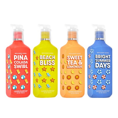 Generic Bath + Body Works Bright and Sunny Hand Soap - Set of 4 Scented Cleansing Gel Soaps - Pina Colada Swirl + Beach Bliss + Sweet Tea Lemonade + Bright Summer Days (8 oz ea)