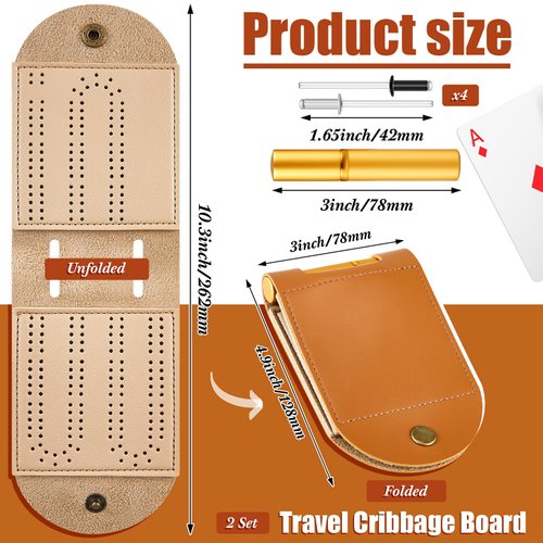 Liliful 2 Sets Portable Cribbage Board Game Set Leather Travel Cribbage Board Travel Games Each Set with 4 Metal Cribbage Board Pegs, 1 Mini Cribbage Board, 2 Track 1 Storage Slot