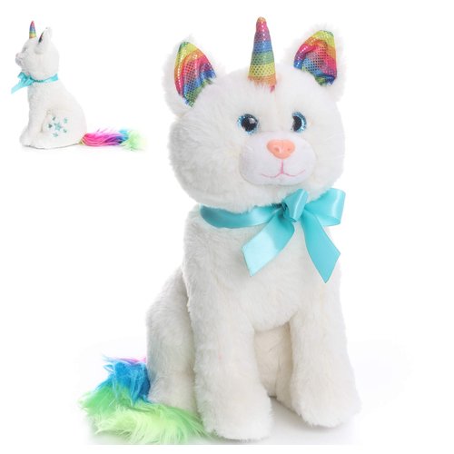 JoyAmigo Plush Caticorn Soft Cat Toy Unicorn Stuffed Animal White Meowgical Unicat Rainbow Kitten White Kitty with Rainbow Colored Horn Tail, Easter Basket Stuffers Gift