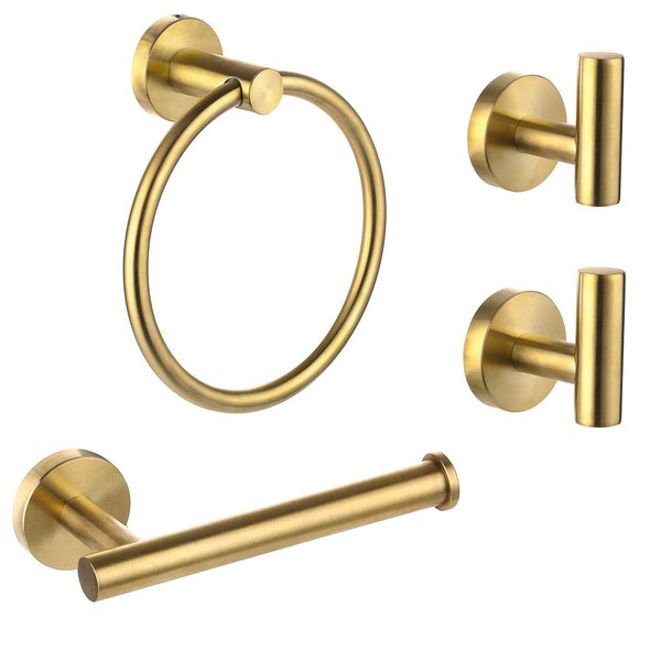 Ntipox 4 Piece Brushed Gold Stainless Steel Bathroom Hardware Set Include Hand Towel Ring, Toilet Paper Holder,and 2 Robe Towel Hooks,Bathroom Accessories Kit