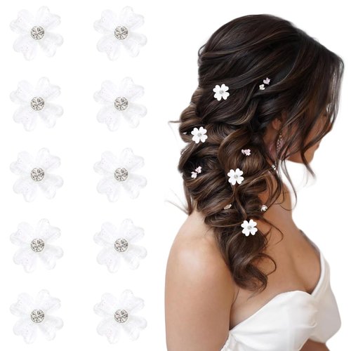 10 Pcs Small Flower Hair Clips with Rhinestone Mini Clover Cute Hair Pins Wedding Bridal Hair Accessories Decorative for Fine Hair Barrettes for Girls Women(White)