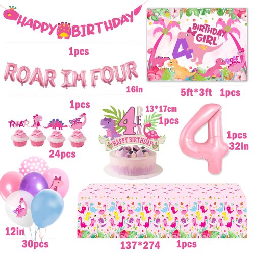 Roar Im 4 Dinosaur Party Decorations Girl,Pink Dino Four Roar Balloons, Roar I am Four Birthday Party Decorations,4th Birthday Decorations Girl.
