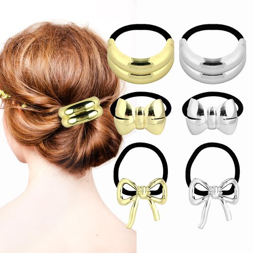 6Pcs Metal Hair Ties Gold Ponytail Geometric Bow Hair Cuff Silk Ponytail Holder for Women Girls Hair Accessories Small Glossy Arch Ponytail Cuff Fancy Elastic Hair Band Scrunchies for Thick Hair