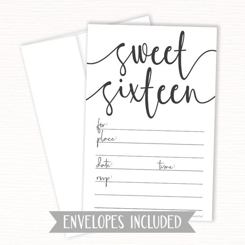 Classic Script Sweet 16 Birthday Invitations (20 Count) with Envelopes - Party Invites