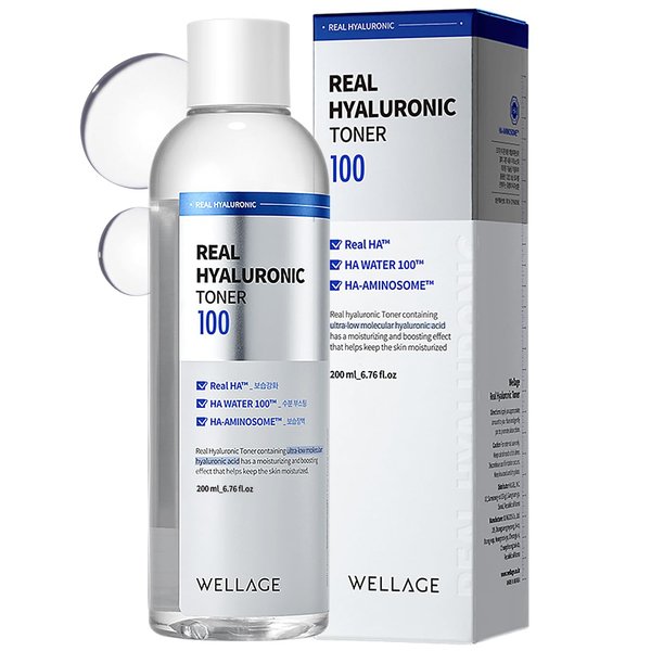 WELLAGE Real Hyaluronic Toner 100 - Korean Toner with 93% Hyaluronic Acid Water - Hydrating Toner - Deep, Quick Absorption - Hypoallergenic, Skin Irritation-Free, 6.76 fl.oz.