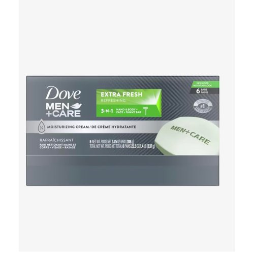 Dove Men+Care 3 in 1 Bar for Body, Face, and Shaving to Clean and Hydrate Skin Extra Fresh Body and Facial Cleanser More Moisturizing Than Bar Soap 3.75 oz 6 Bars