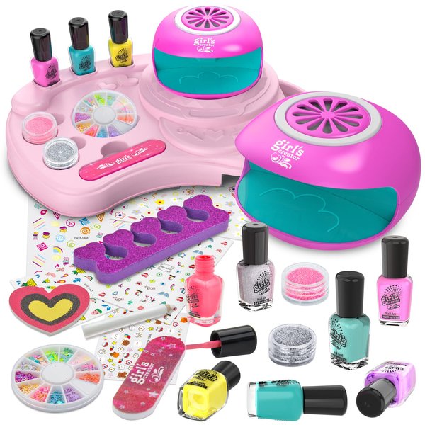 Amagoing Nail Polish Set for Girls Ages 7-12, Kids Nail Art Studio Kit, Non Toxic Quick Dry Nail Polish, Nail Dryer, Storage Desk, Glitter, Cool Girls Stuff, Birthday Gifts Ideas 8 9 10 11 Years Old