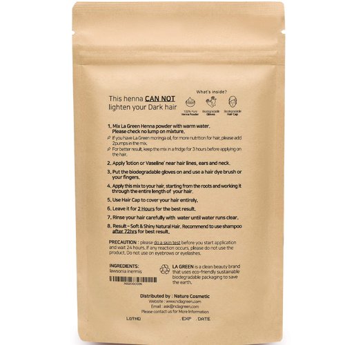 100% Organic USDA Henna Powder For Hair Dye - Natural Hair Color, Best For Hair, Soft Shiny & Healthy Hair, No Chemical or Additive, Including application gloves & hair cap - LA GREEN 100g