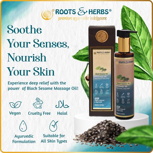 Black Sesame Seed Oil - Body Massage Oil Warmer with Cold-Pressed Black Seed Oil, Wintergreen, Eucalyptus Oil, & Ayurvedic Herbs - Body Massage Oil for Massage Therapy - Roots and Herbs, 6.76 oz