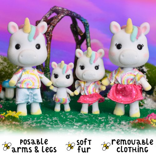 Sunny Days Entertainment Honey Bee Acres Rainbow Ridge Daydreamers Unicorn Family – 4 Miniature Flocked Dolls | Small Fantasy Collectible Figures | Pretend Play Toys for Kids