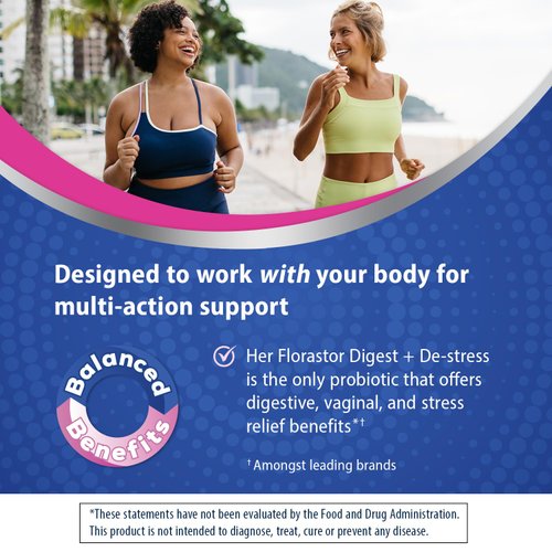 Florastor Her Digest and De-Stress Women's Probiotic and Stress Relief Supplement, Probiotics for Digestive Health, Vaginal Probiotics, and L-Theanine for Mind and Body Wellness, 30 Capsules