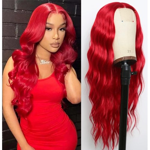 EVLYNN Wavy Long Blood Red Wigs for Women,Synthetic Dark Burgundy Long Curly Red Wig, Narutal Wavy Curly Red Wigs for Women 24 Inches