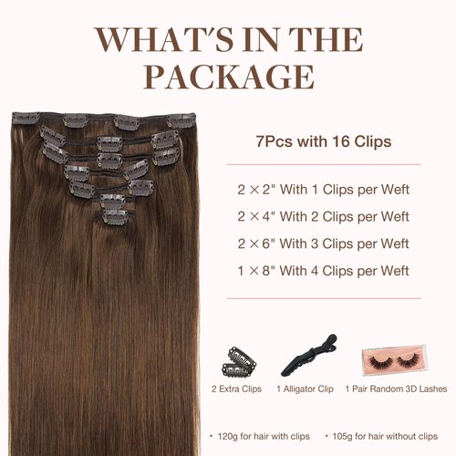 GOO GOO Clip in Hair Extensions Real Human Hair, 16inch 120g 7Pcs, 4A Chocolate Brown, Remy Human Hair Extensions Clip ins for Women, Natural Human Hair
